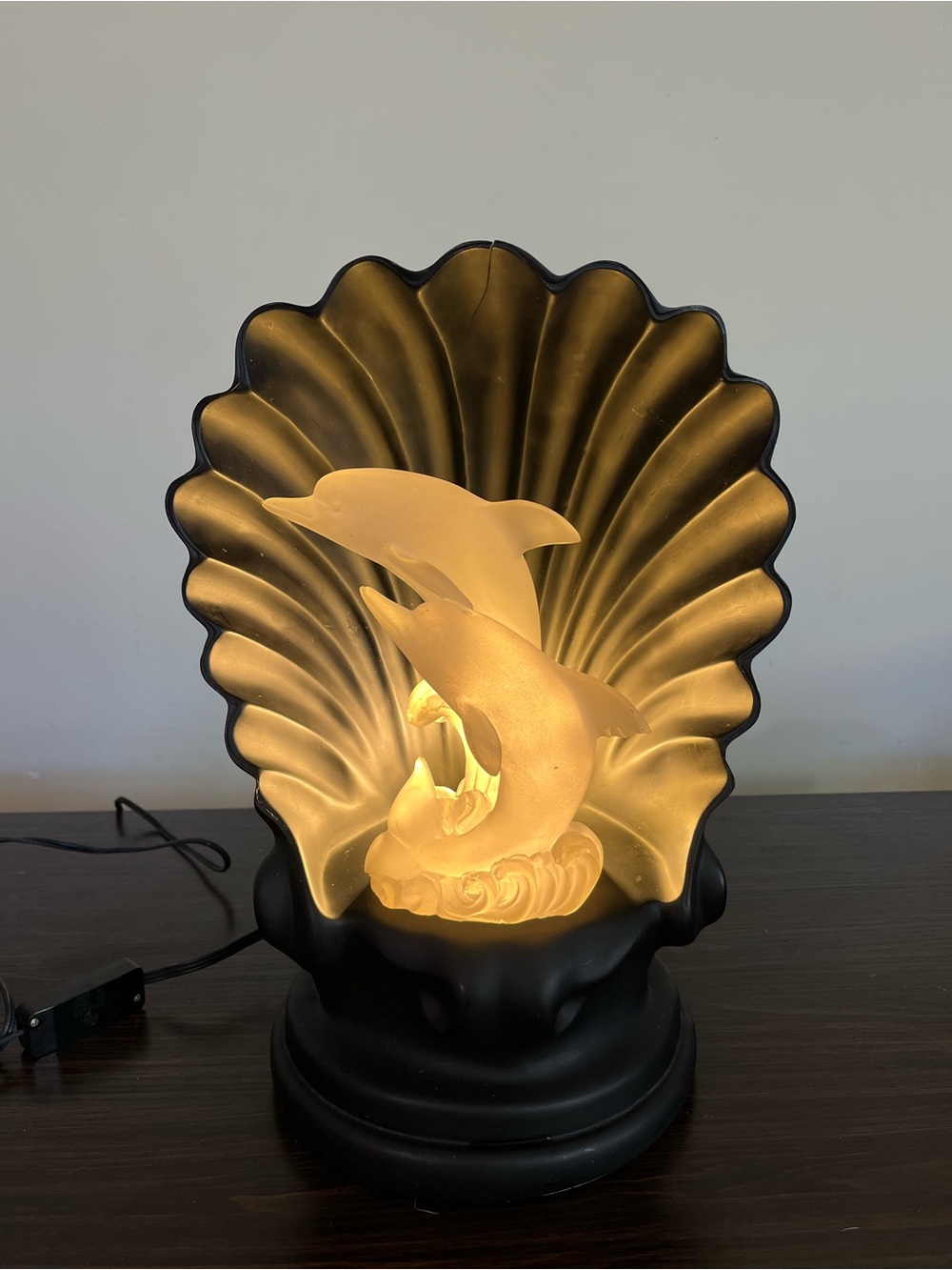 Vintage 1980s Dolphin Shell Lamp Lucite Rotating 360 Degree Color Changing Light